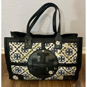 TORY BURCH Ella Large Canvas Quadrant Tote Bag Black Leather Canvas Floral Print